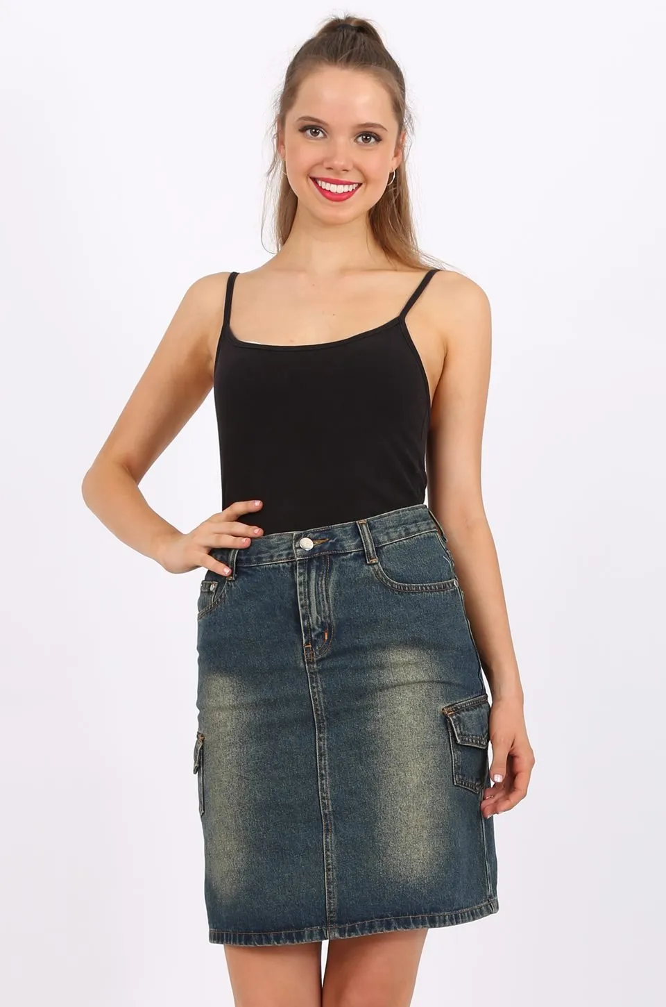 MISS PINKI Kendall Knee Length Denim skirt in Dark Blue Wash