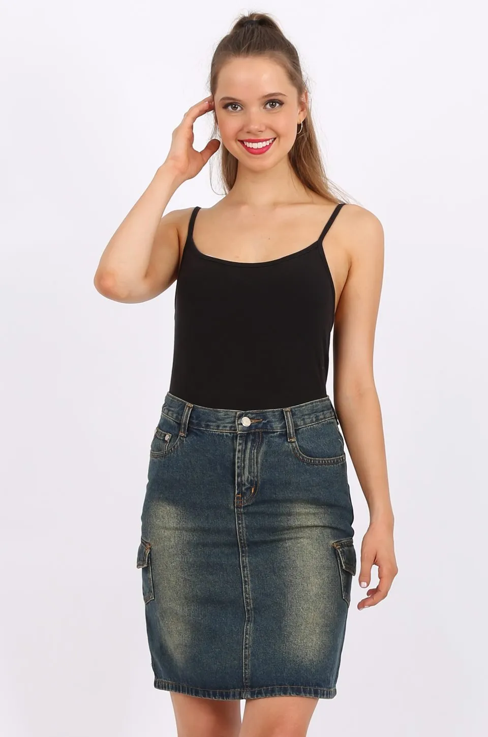 MISS PINKI Kendall Knee Length Denim skirt in Dark Blue Wash