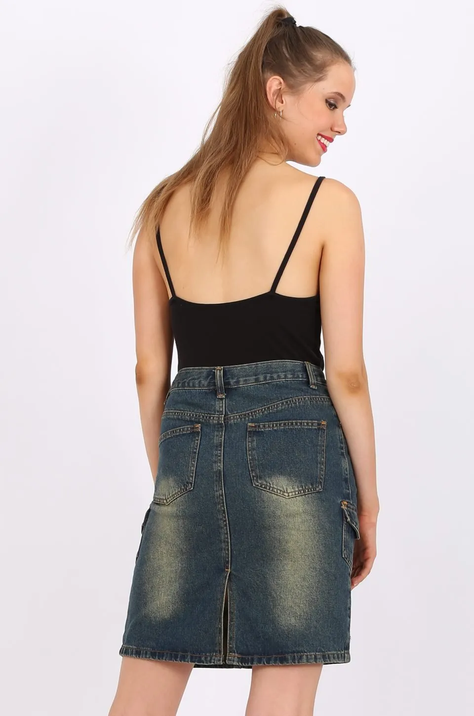 MISS PINKI Kendall Knee Length Denim skirt in Dark Blue Wash
