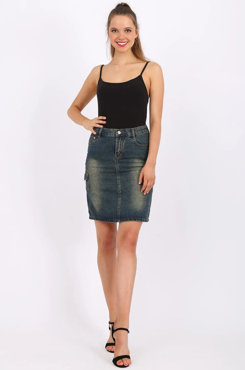 MISS PINKI Kendall Knee Length Denim skirt in Dark Blue Wash