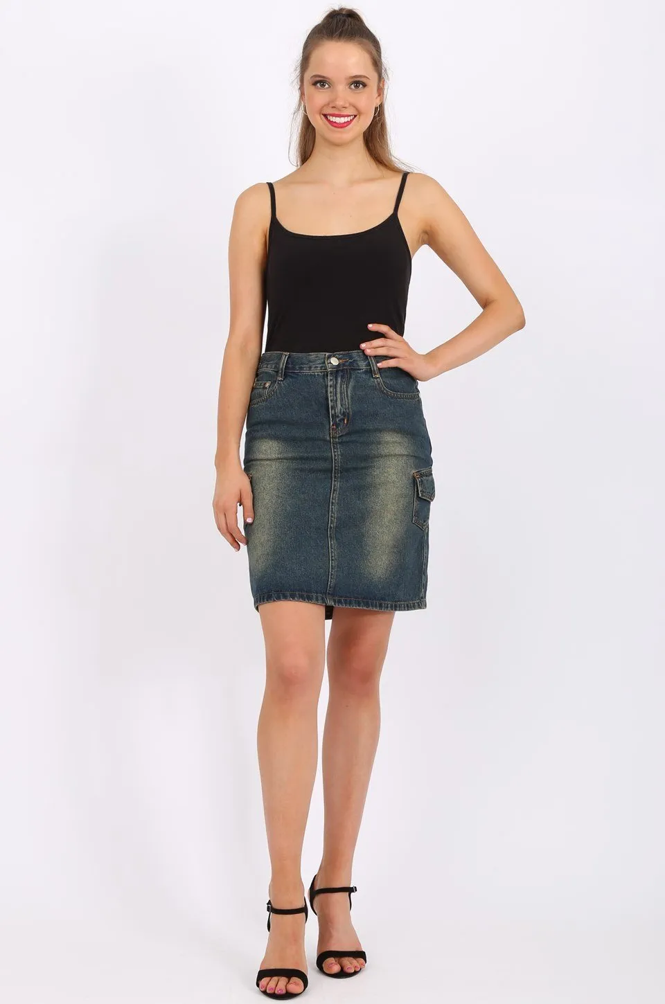 MISS PINKI Kendall Knee Length Denim skirt in Dark Blue Wash