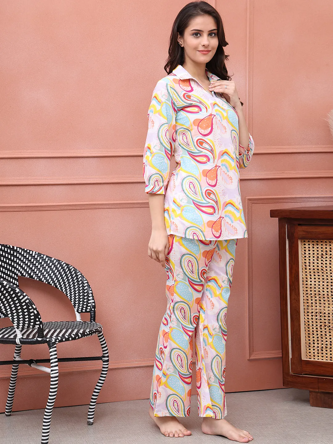 Multi-Color Abstract Printed Cotton Night Suit for Women | S-XXL | Claura