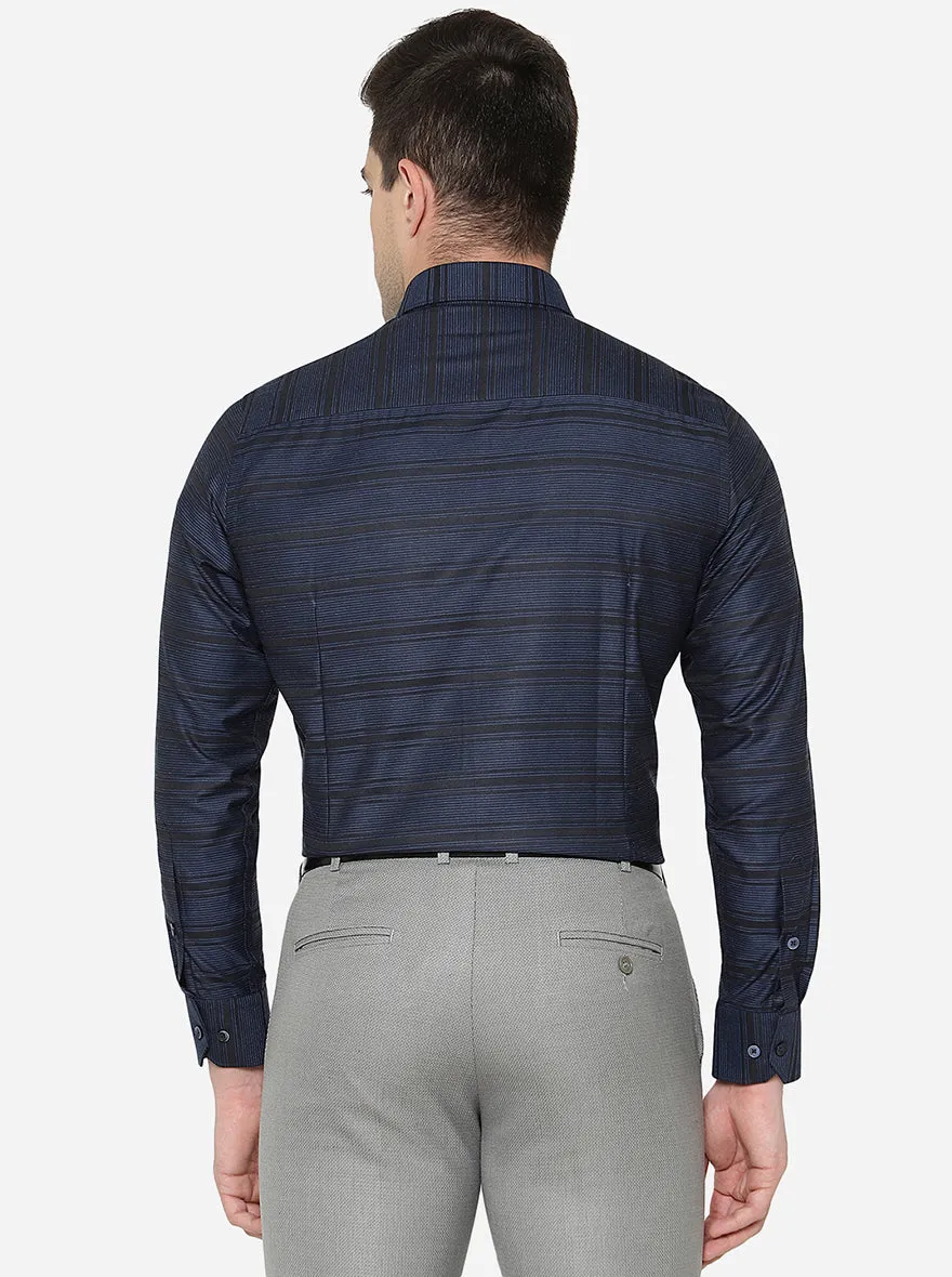 Navy Blue & Black Striped Slim Fit Formal Shirt | Greenfibre