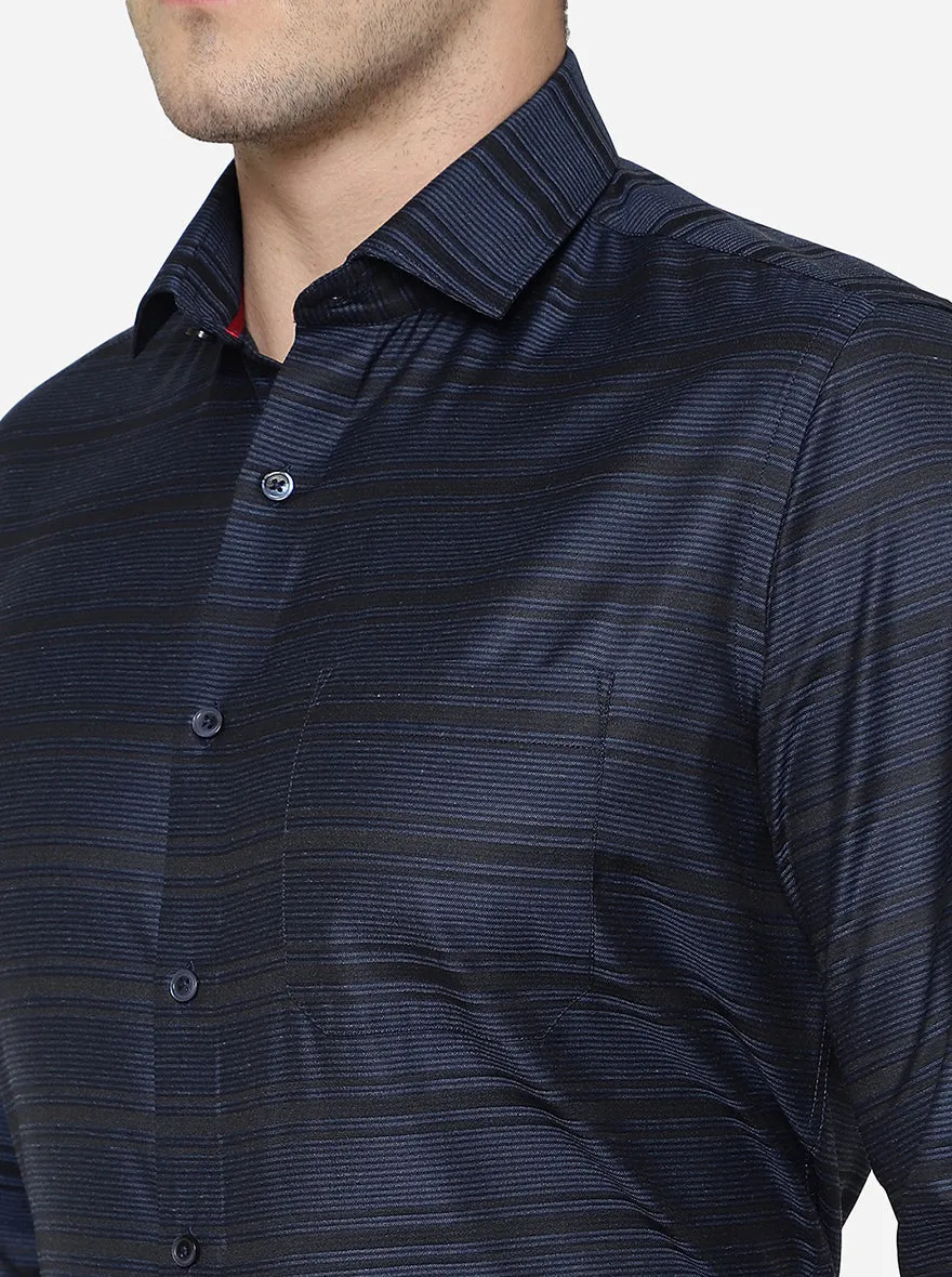 Navy Blue & Black Striped Slim Fit Formal Shirt | Greenfibre