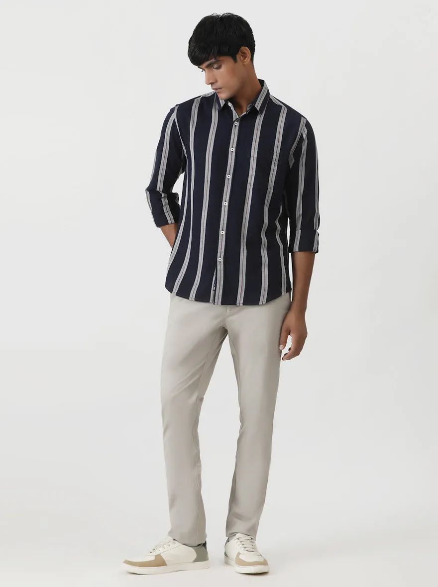 Navy Blue Striped Slim Fit Casual Shirt | Greenfibre