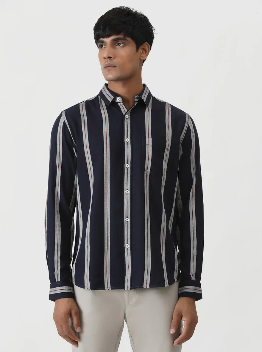 Navy Blue Striped Slim Fit Casual Shirt | Greenfibre