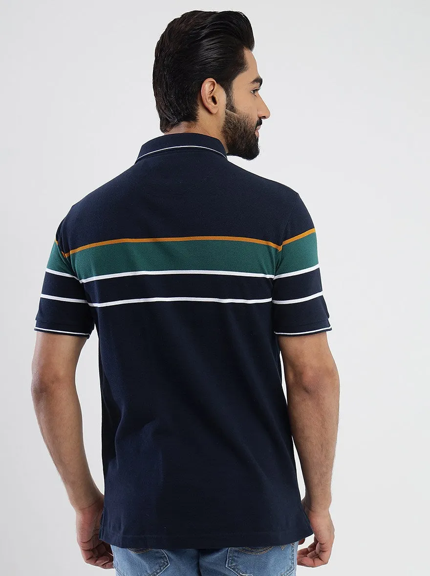 Navy Blue Striped Slim Fit Polo T-Shirt | Greenfibre
