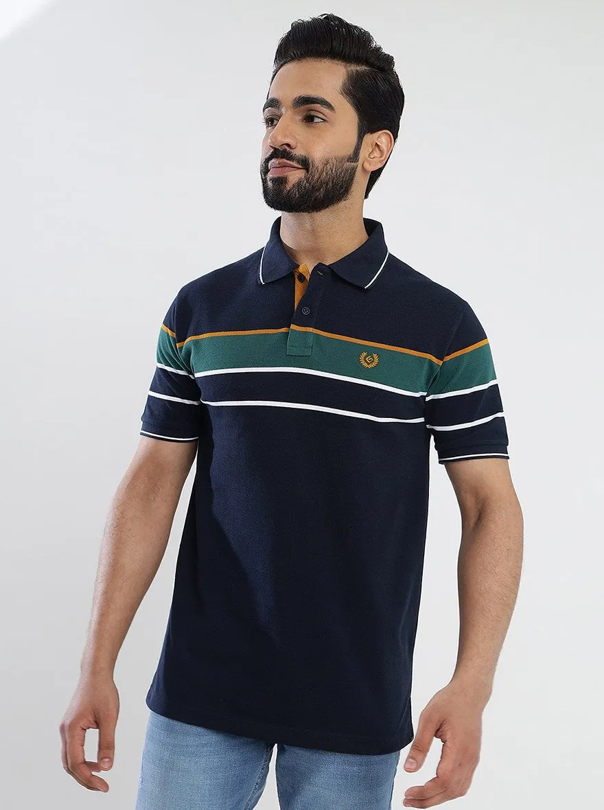Navy Blue Striped Slim Fit Polo T-Shirt | Greenfibre