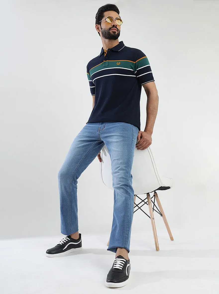 Navy Blue Striped Slim Fit Polo T-Shirt | Greenfibre