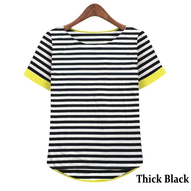 OUMENGKA New Women Tops O-Neck T-Shirt Short Sleeve Striped T Shirts Tees Blusas Femininas Free Shipping M- XXXXL Plus Size