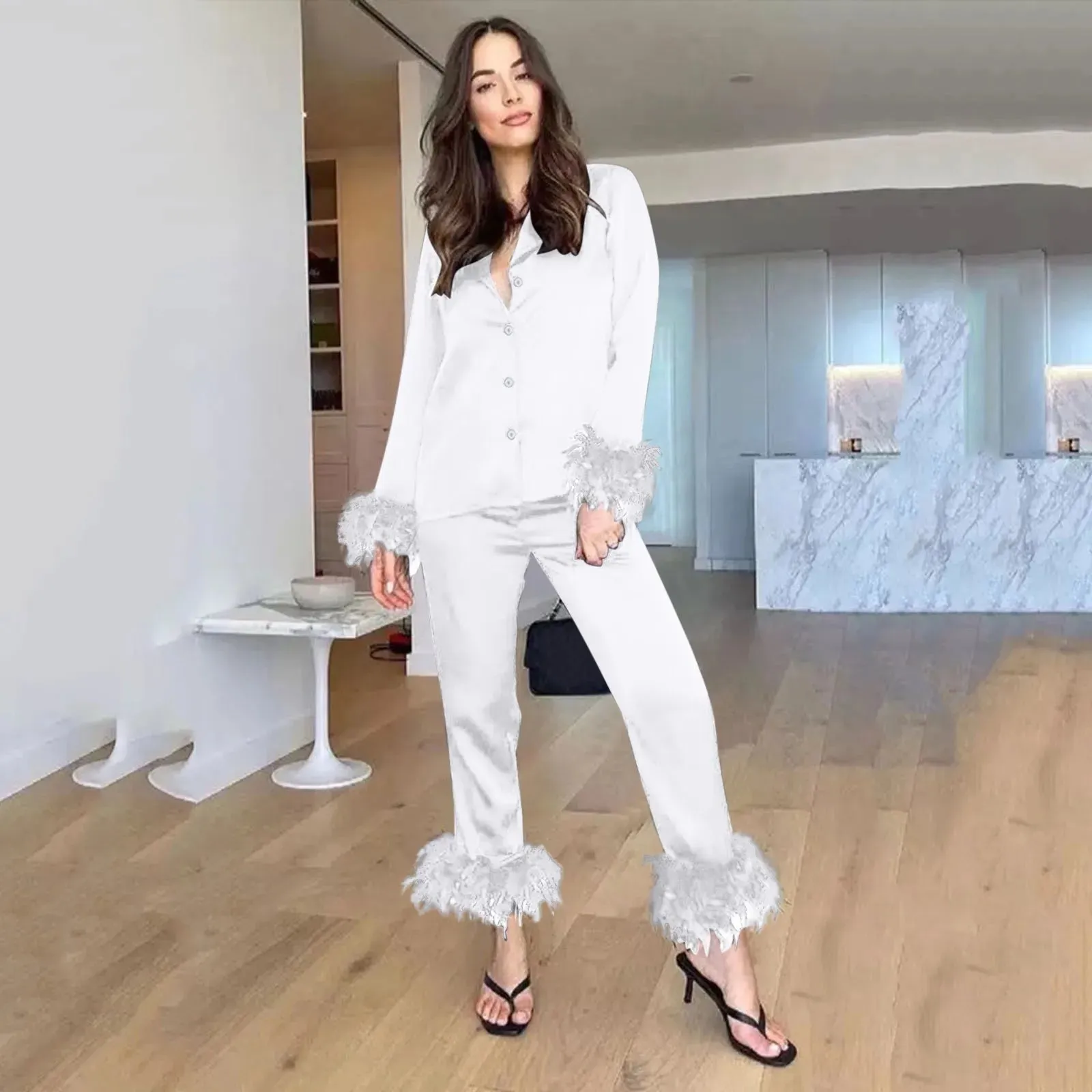 Pajamas Women Feathers Sleepwear 2 Piece Sets Feather Trim Long Sleeve Tops Pants Pajama Suits Elegant Satin Home Clothes