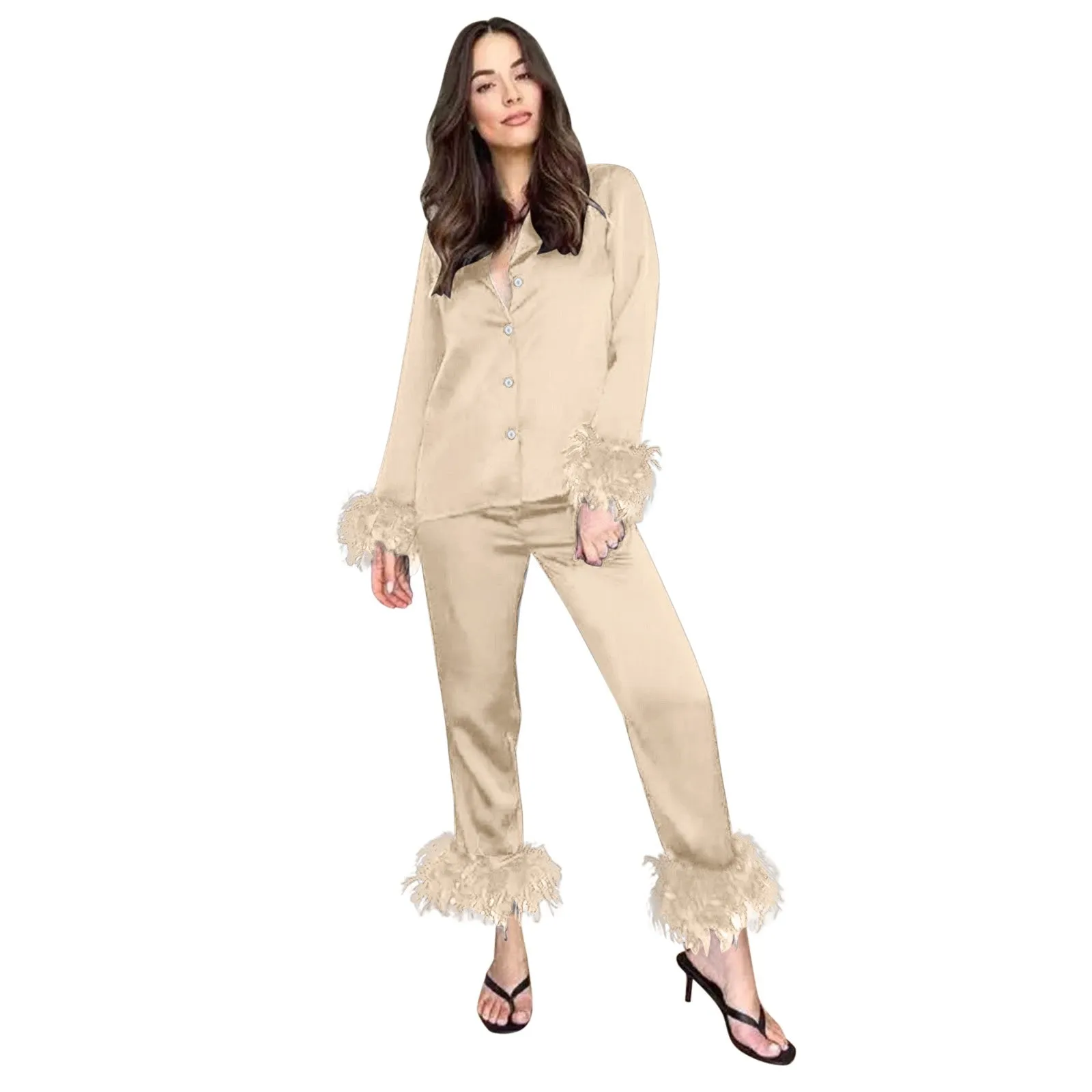 Pajamas Women Feathers Sleepwear 2 Piece Sets Feather Trim Long Sleeve Tops Pants Pajama Suits Elegant Satin Home Clothes
