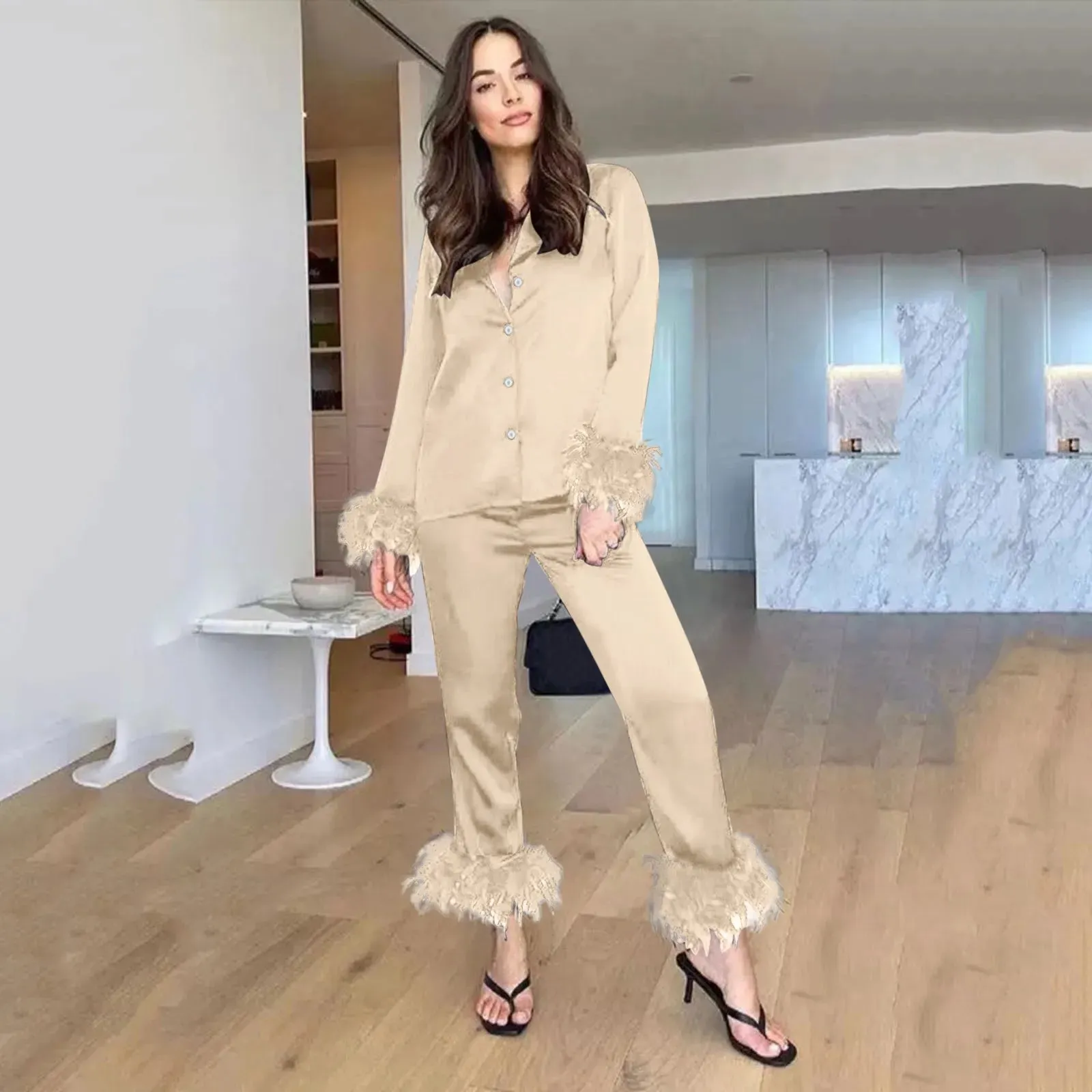 Pajamas Women Feathers Sleepwear 2 Piece Sets Feather Trim Long Sleeve Tops Pants Pajama Suits Elegant Satin Home Clothes