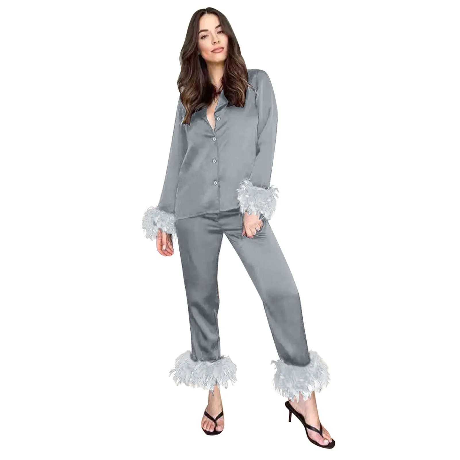 Pajamas Women Feathers Sleepwear 2 Piece Sets Feather Trim Long Sleeve Tops Pants Pajama Suits Elegant Satin Home Clothes