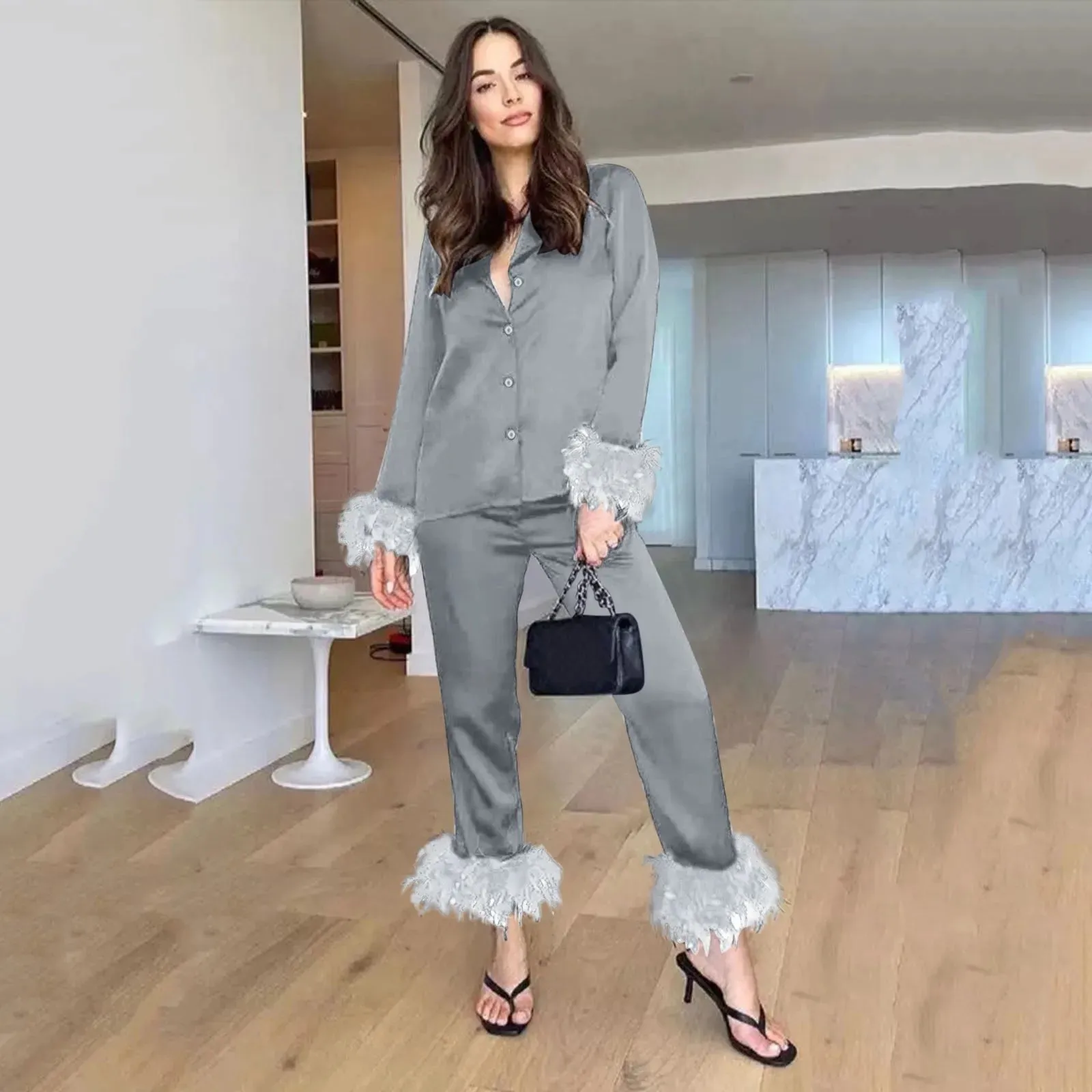 Pajamas Women Feathers Sleepwear 2 Piece Sets Feather Trim Long Sleeve Tops Pants Pajama Suits Elegant Satin Home Clothes
