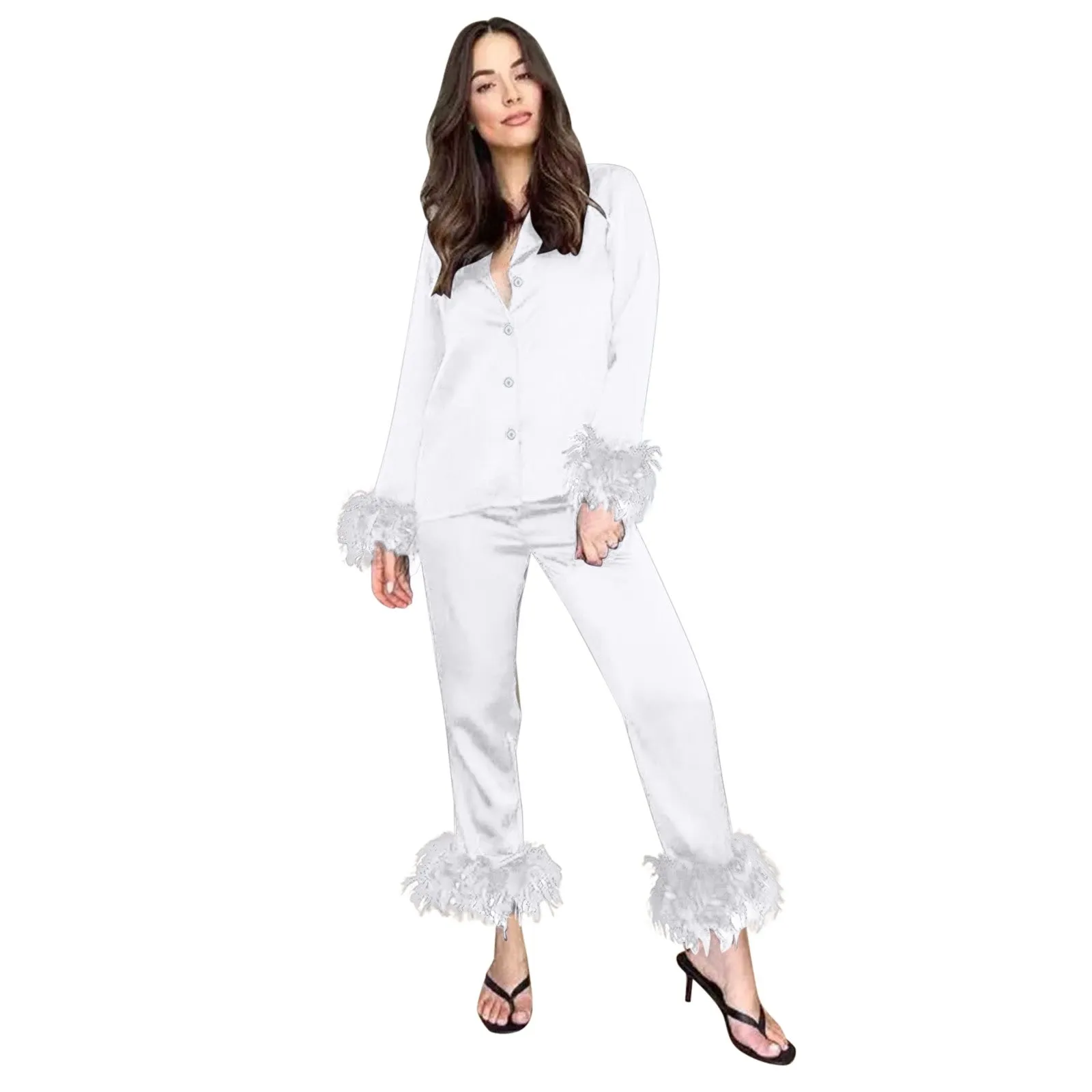 Pajamas Women Feathers Sleepwear 2 Piece Sets Feather Trim Long Sleeve Tops Pants Pajama Suits Elegant Satin Home Clothes