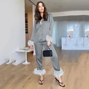 Pajamas Women Feathers Sleepwear 2 Piece Sets Feather Trim Long Sleeve Tops Pants Pajama Suits Elegant Satin Home Clothes