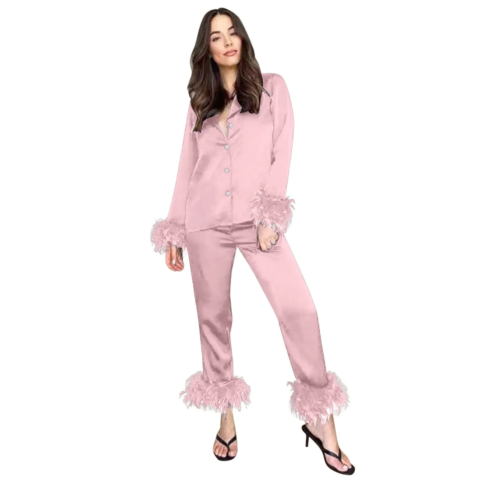 Pajamas Women Feathers Sleepwear 2 Piece Sets Feather Trim Long Sleeve Tops Pants Pajama Suits Elegant Satin Home Clothes