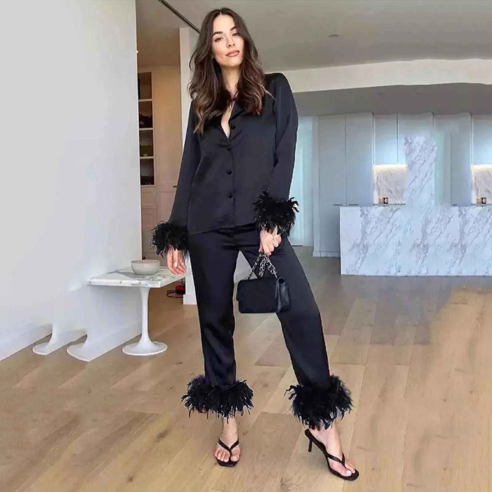 Pajamas Women Feathers Sleepwear 2 Piece Sets Feather Trim Long Sleeve Tops Pants Pajama Suits Elegant Satin Home Clothes