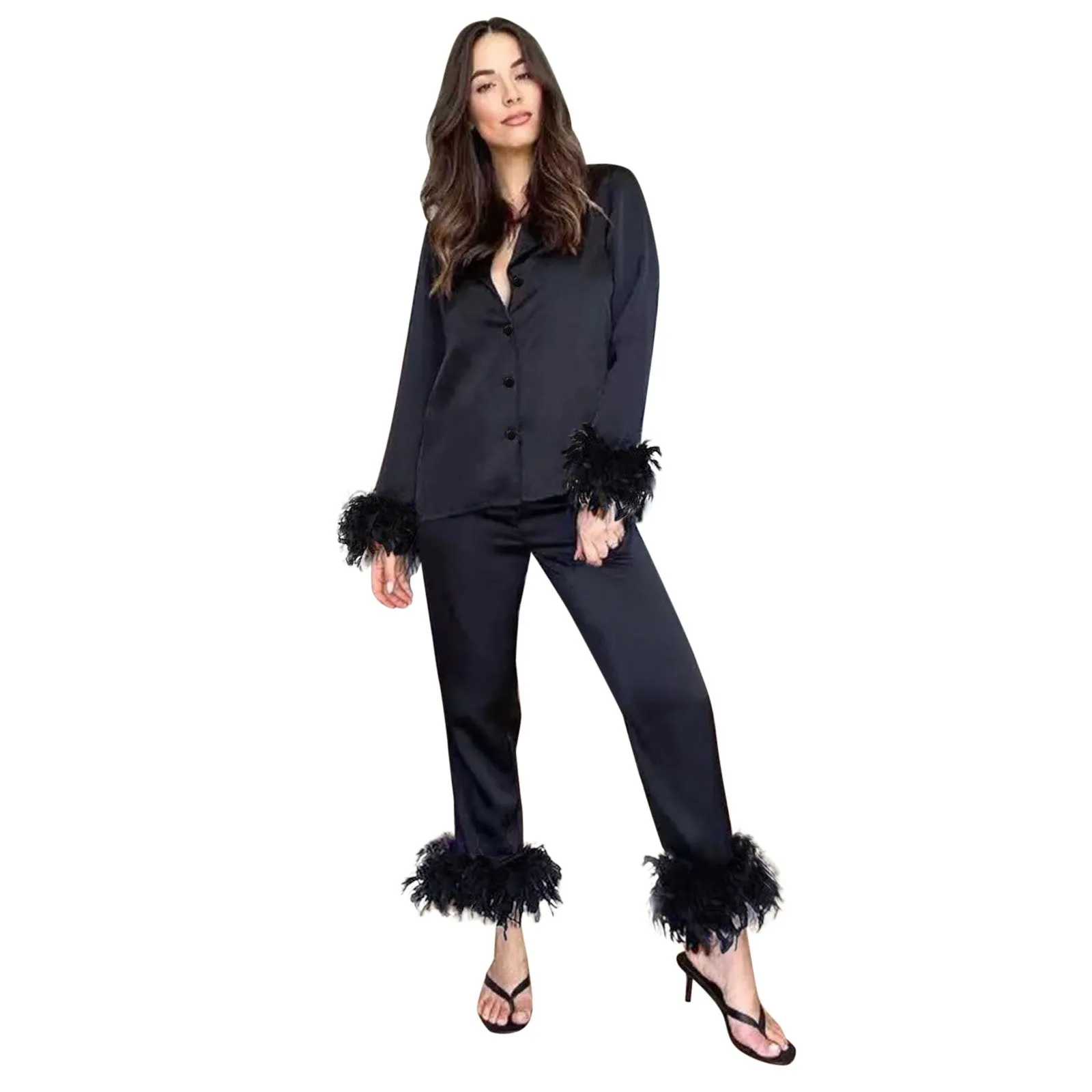 Pajamas Women Feathers Sleepwear 2 Piece Sets Feather Trim Long Sleeve Tops Pants Pajama Suits Elegant Satin Home Clothes