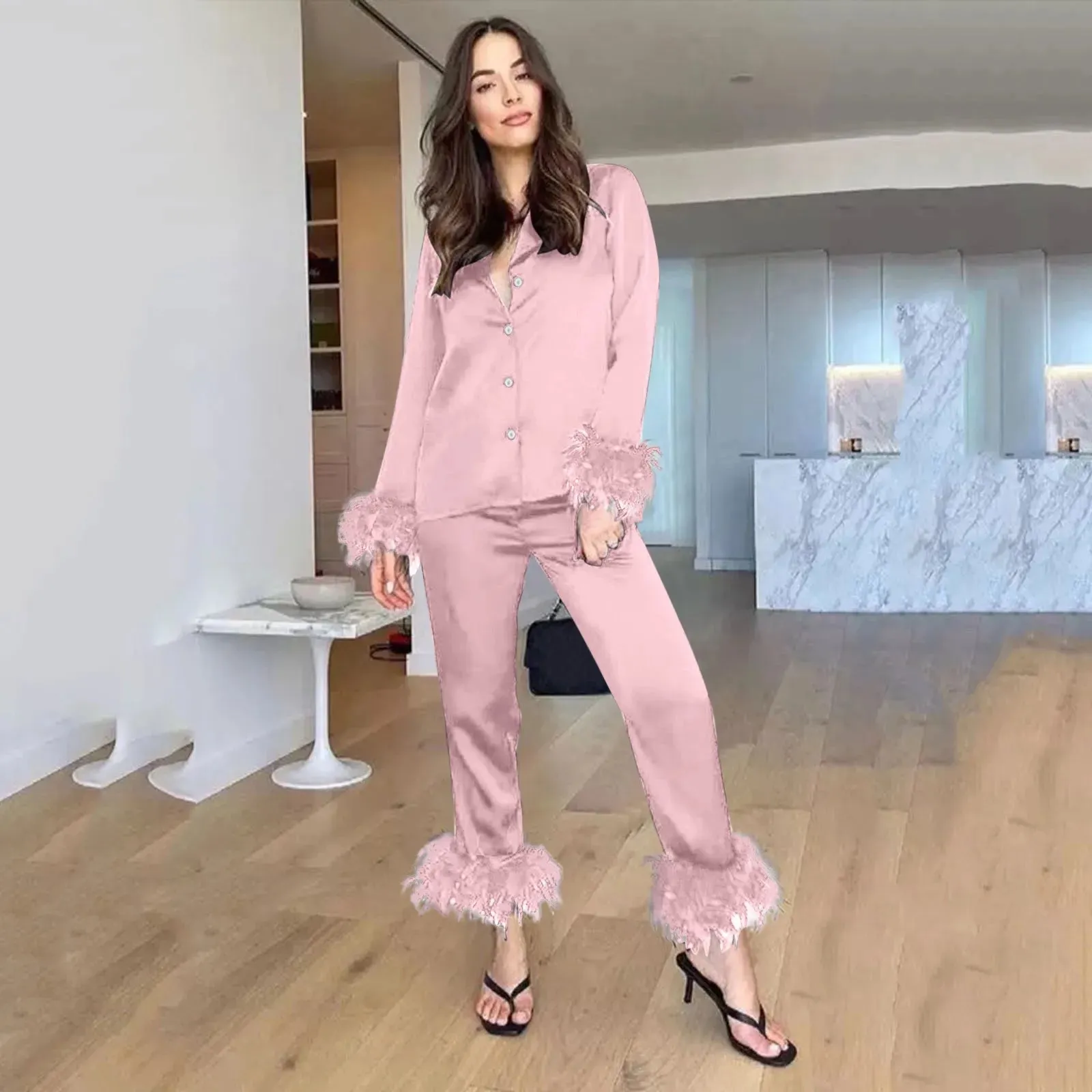 Pajamas Women Feathers Sleepwear 2 Piece Sets Feather Trim Long Sleeve Tops Pants Pajama Suits Elegant Satin Home Clothes