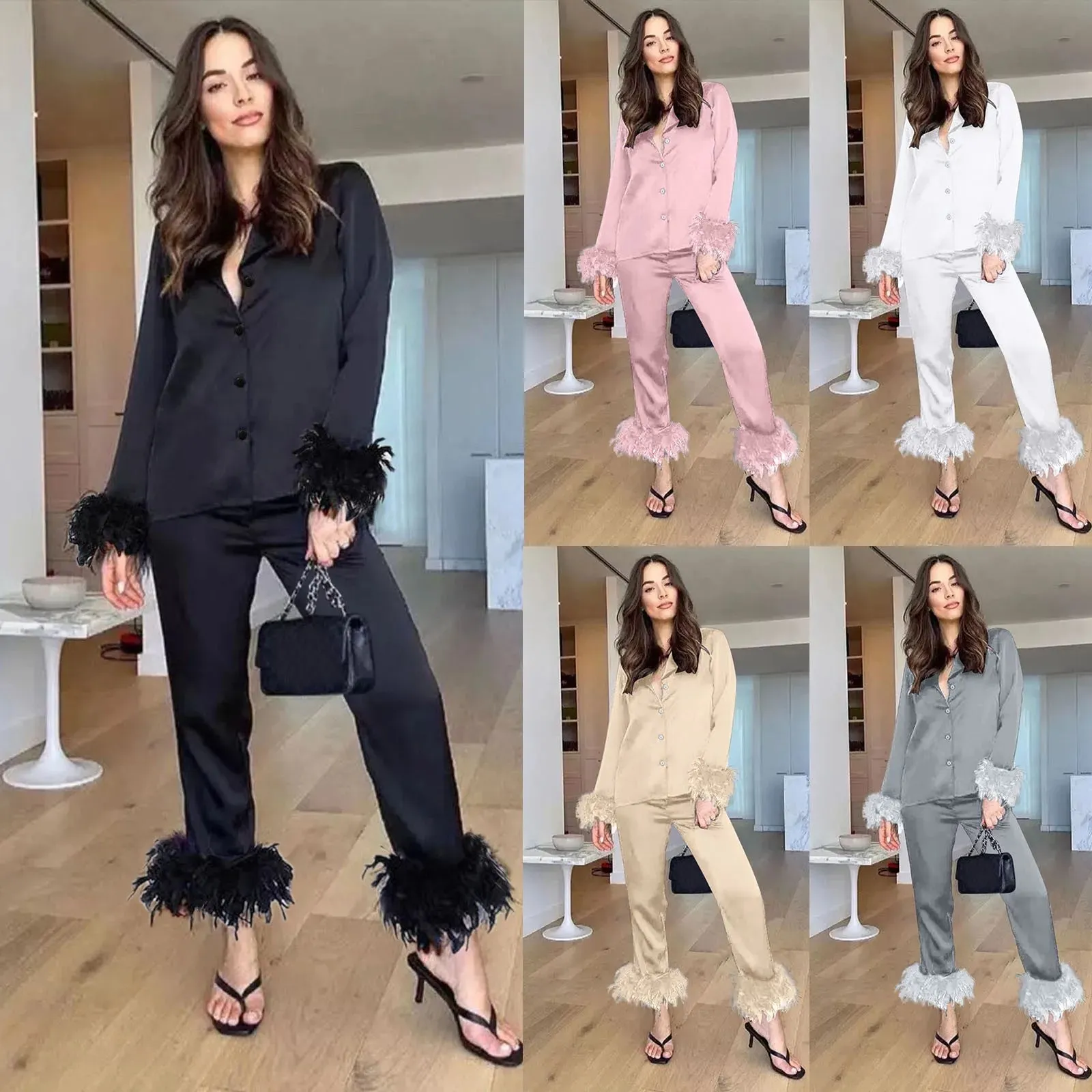 Pajamas Women Feathers Sleepwear 2 Piece Sets Feather Trim Long Sleeve Tops Pants Pajama Suits Elegant Satin Home Clothes