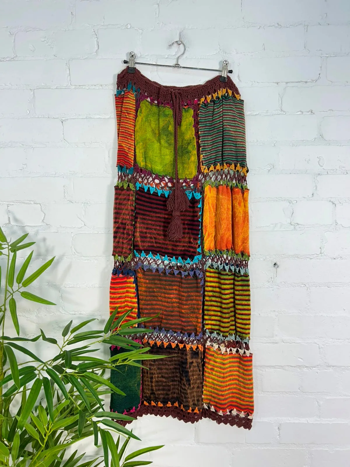 Patch & Crochet Fringed Long Skirt