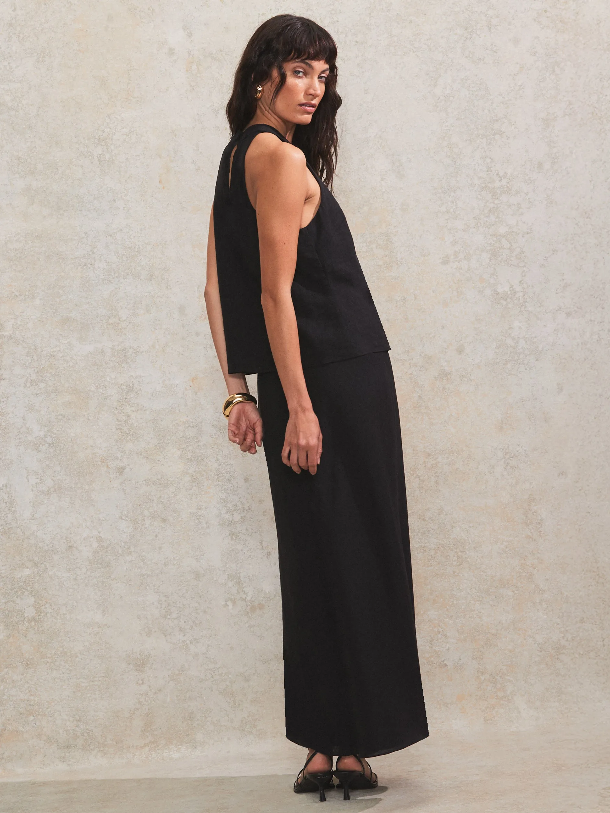 Petite Black Linen-Blend Bias-Cut Maxi Skirt