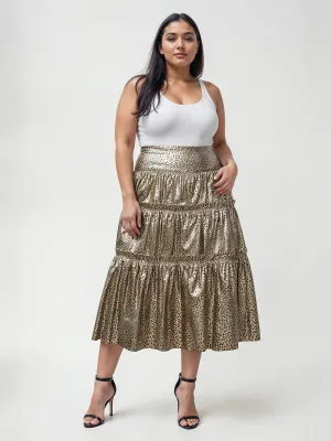 Plus Leopard Foil Tiered Midi Skirt