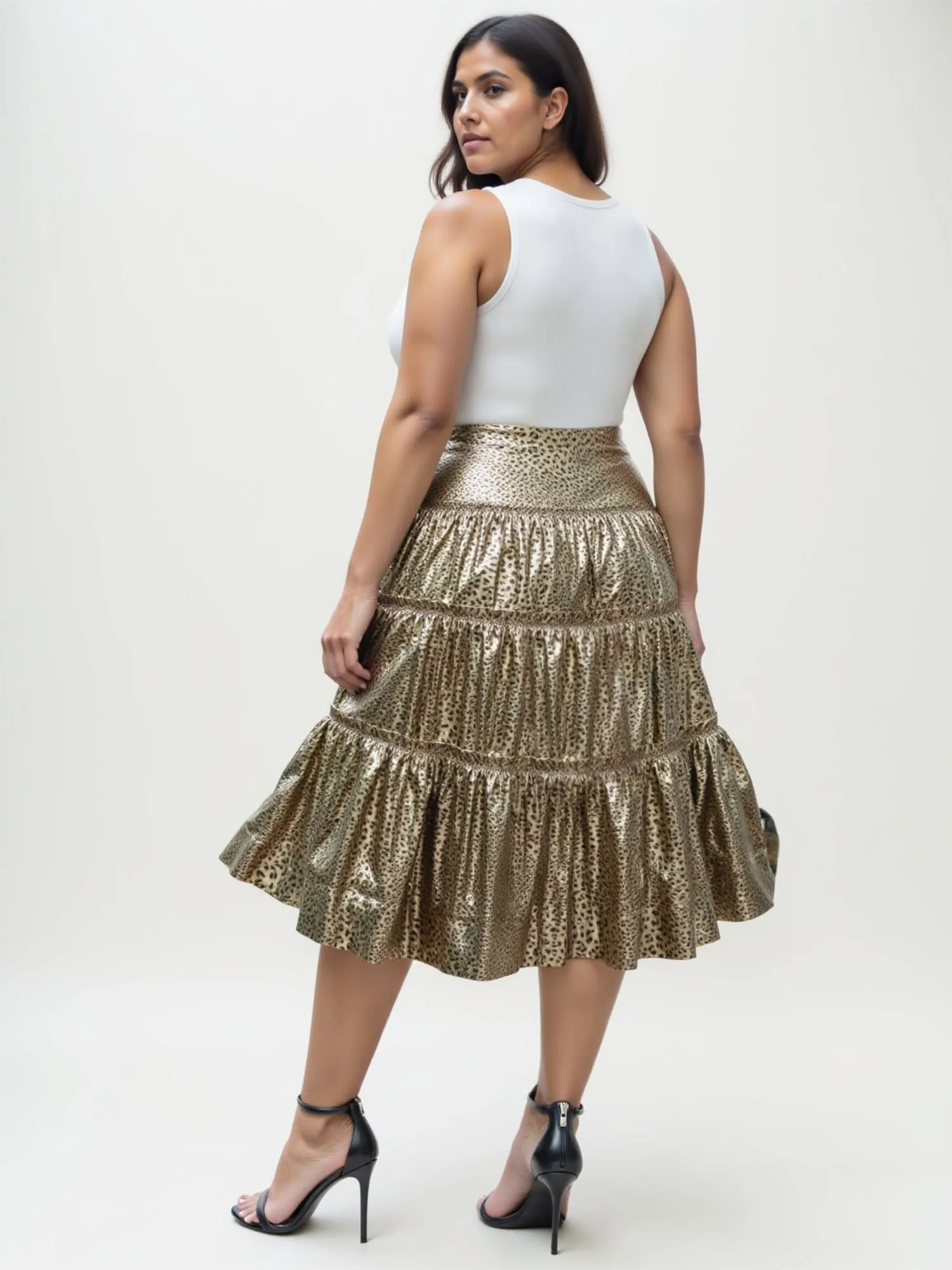 Plus Leopard Foil Tiered Midi Skirt