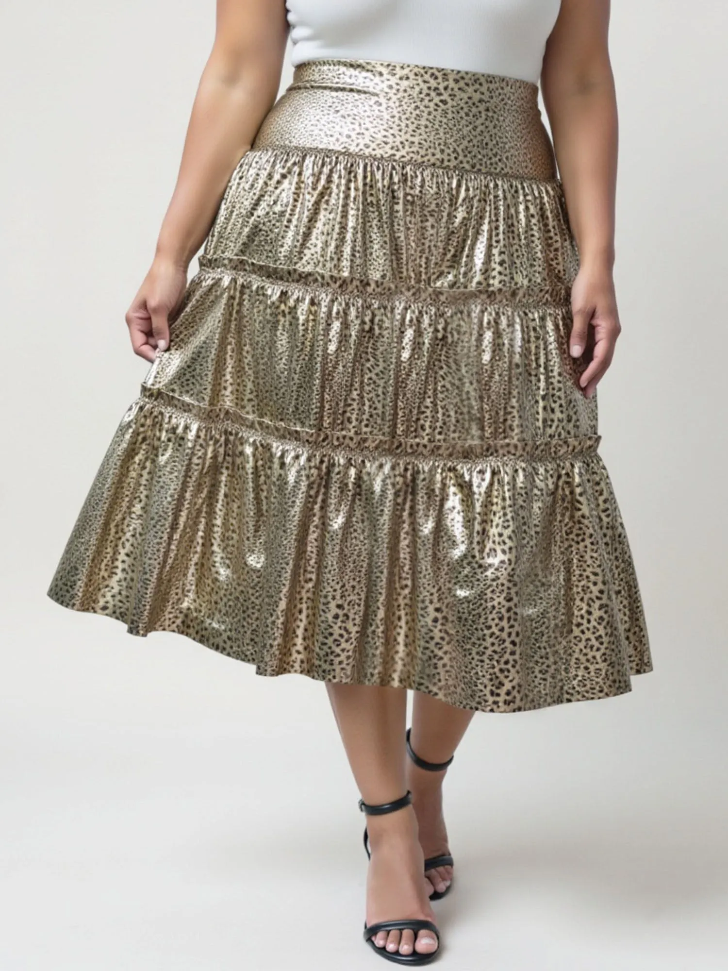 Plus Leopard Foil Tiered Midi Skirt