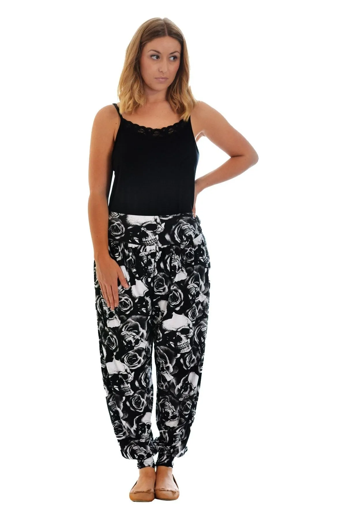 Plus Size Skull and Rose Print Harem Trousers