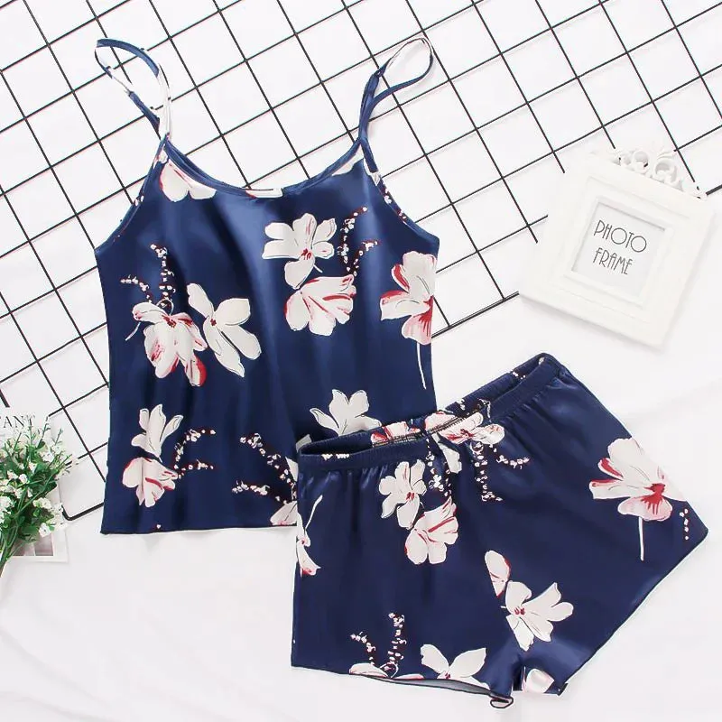 Print women 2 Pieces Sleepwear Pyjamas Silk Satin Cami Top And Shorts Pajamas