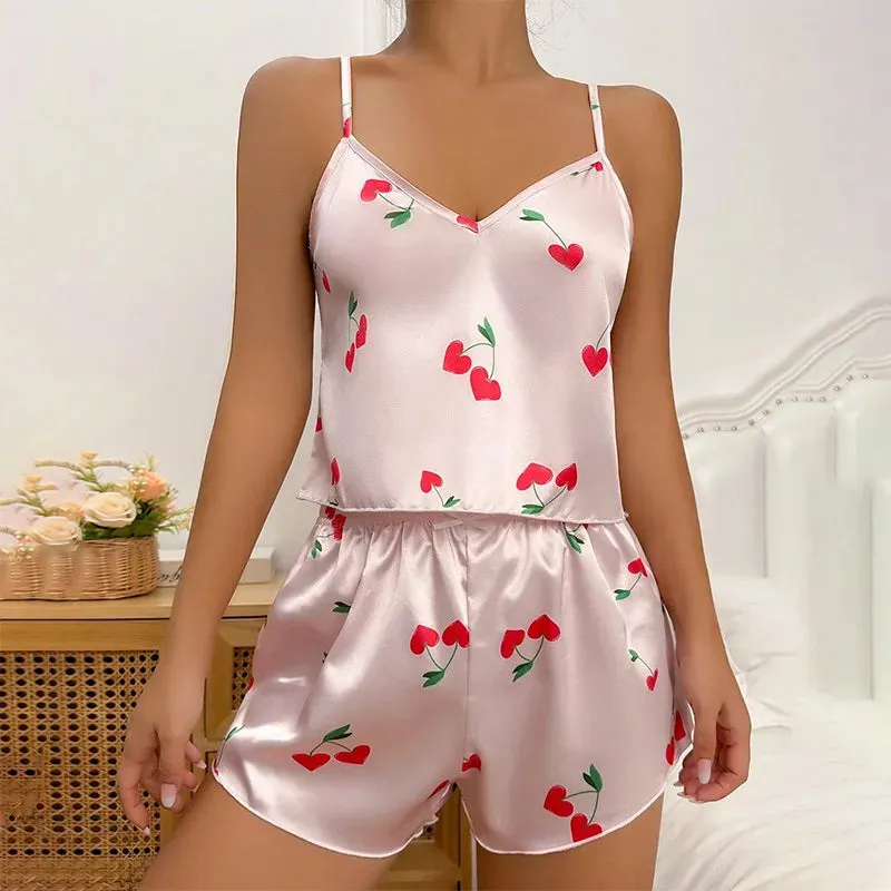 Print women 2 Pieces Sleepwear Pyjamas Silk Satin Cami Top And Shorts Pajamas