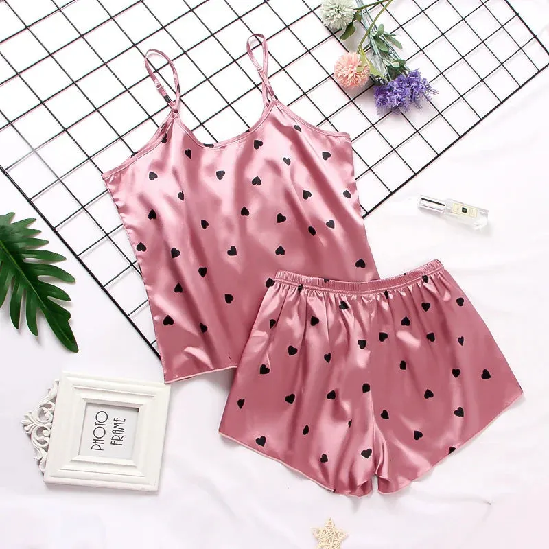 Print women 2 Pieces Sleepwear Pyjamas Silk Satin Cami Top And Shorts Pajamas