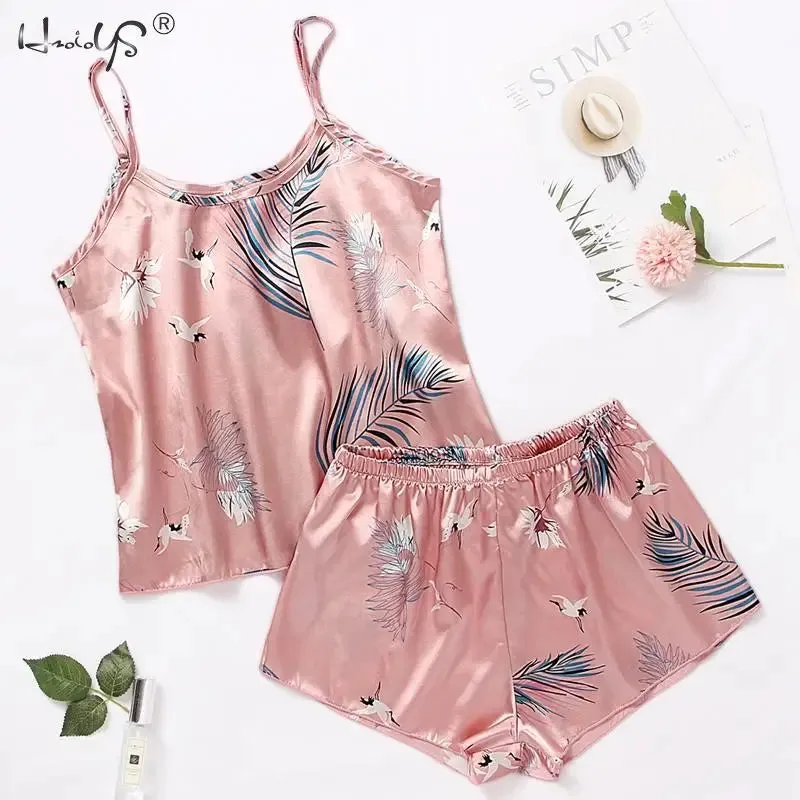 Print women 2 Pieces Sleepwear Pyjamas Silk Satin Cami Top And Shorts Pajamas