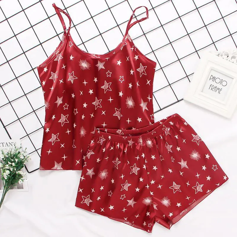 Print women 2 Pieces Sleepwear Pyjamas Silk Satin Cami Top And Shorts Pajamas
