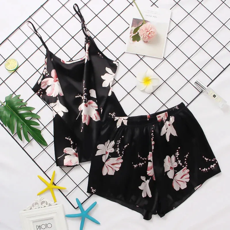 Print women 2 Pieces Sleepwear Pyjamas Silk Satin Cami Top And Shorts Pajamas