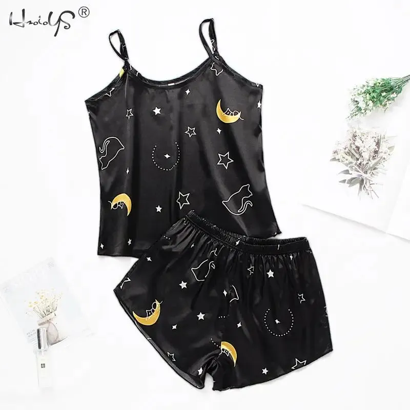 Print women 2 Pieces Sleepwear Pyjamas Silk Satin Cami Top And Shorts Pajamas