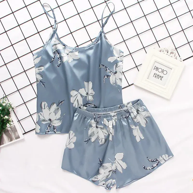 Print women 2 Pieces Sleepwear Pyjamas Silk Satin Cami Top And Shorts Pajamas