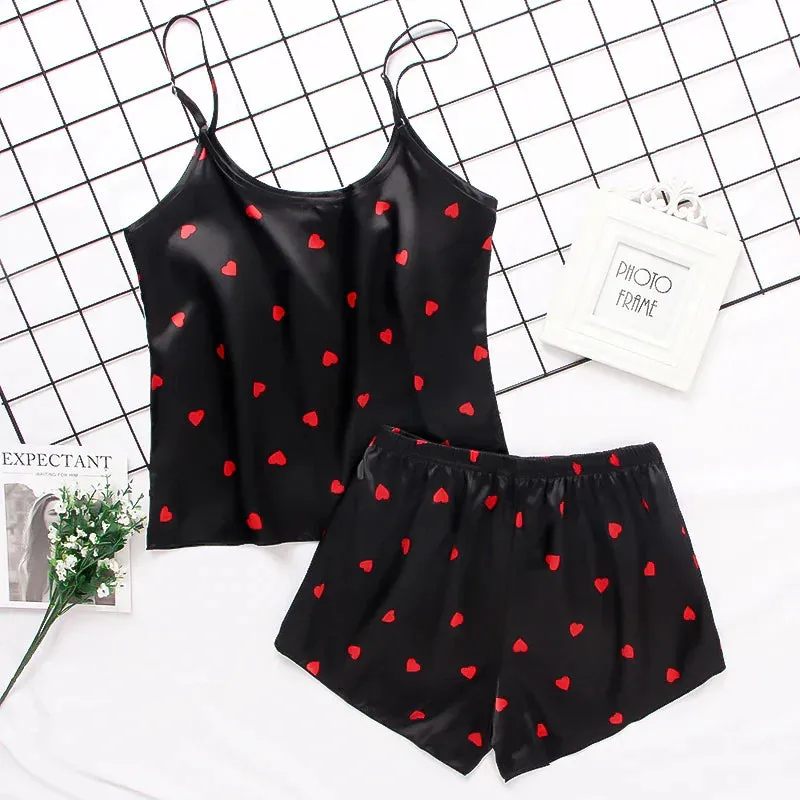 Print women 2 Pieces Sleepwear Pyjamas Silk Satin Cami Top And Shorts Pajamas