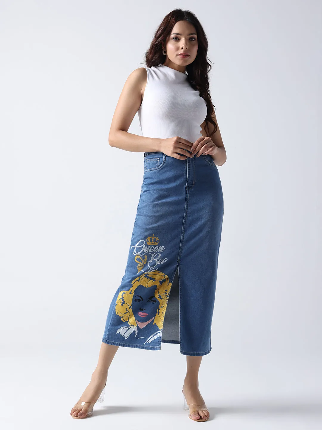 Queen Bee Pop Art Denim Midi Skirt