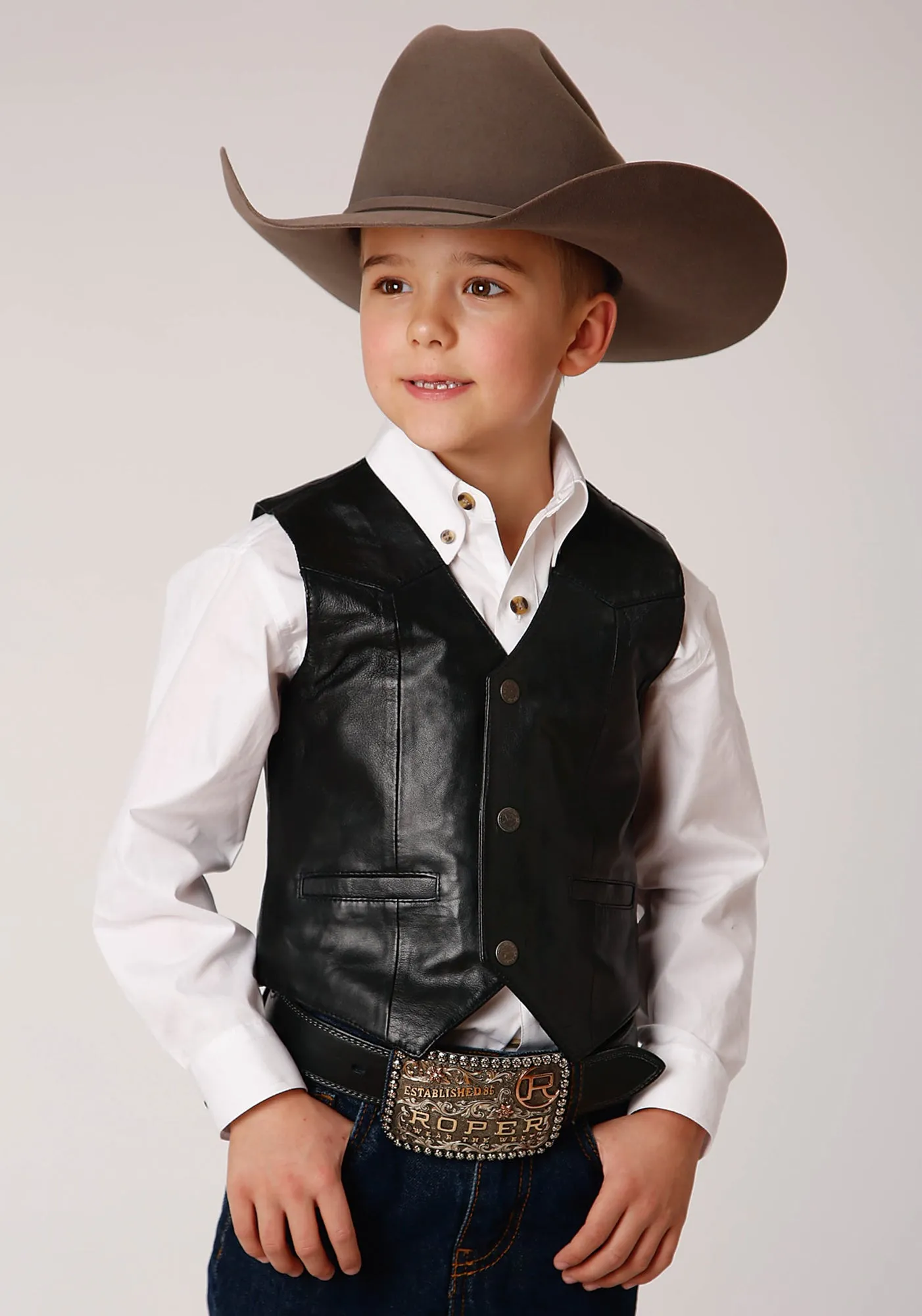 Roper Kids Boys Nappa Yokes Black Lamb Leather Leather Vest