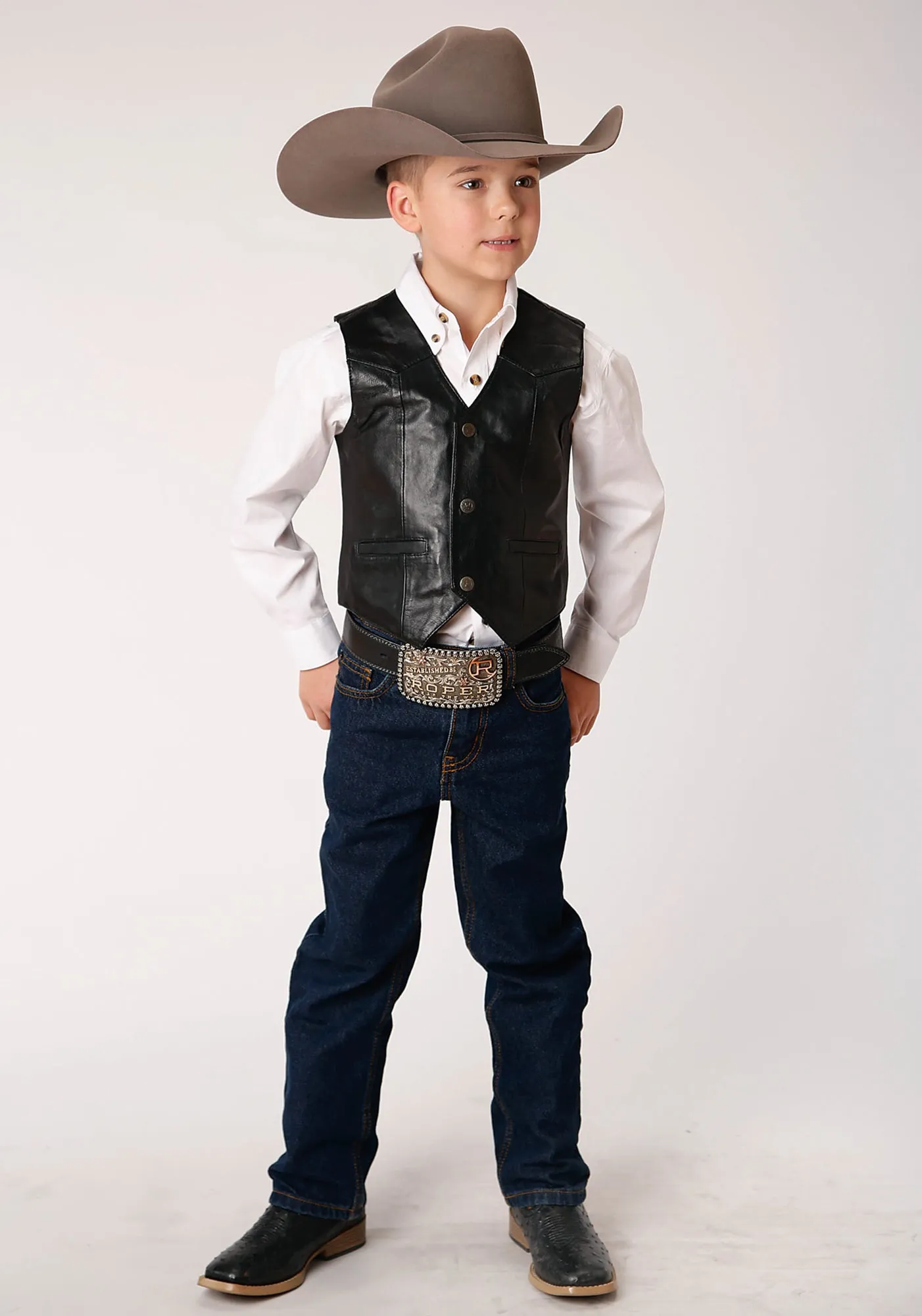 Roper Kids Boys Nappa Yokes Black Lamb Leather Leather Vest