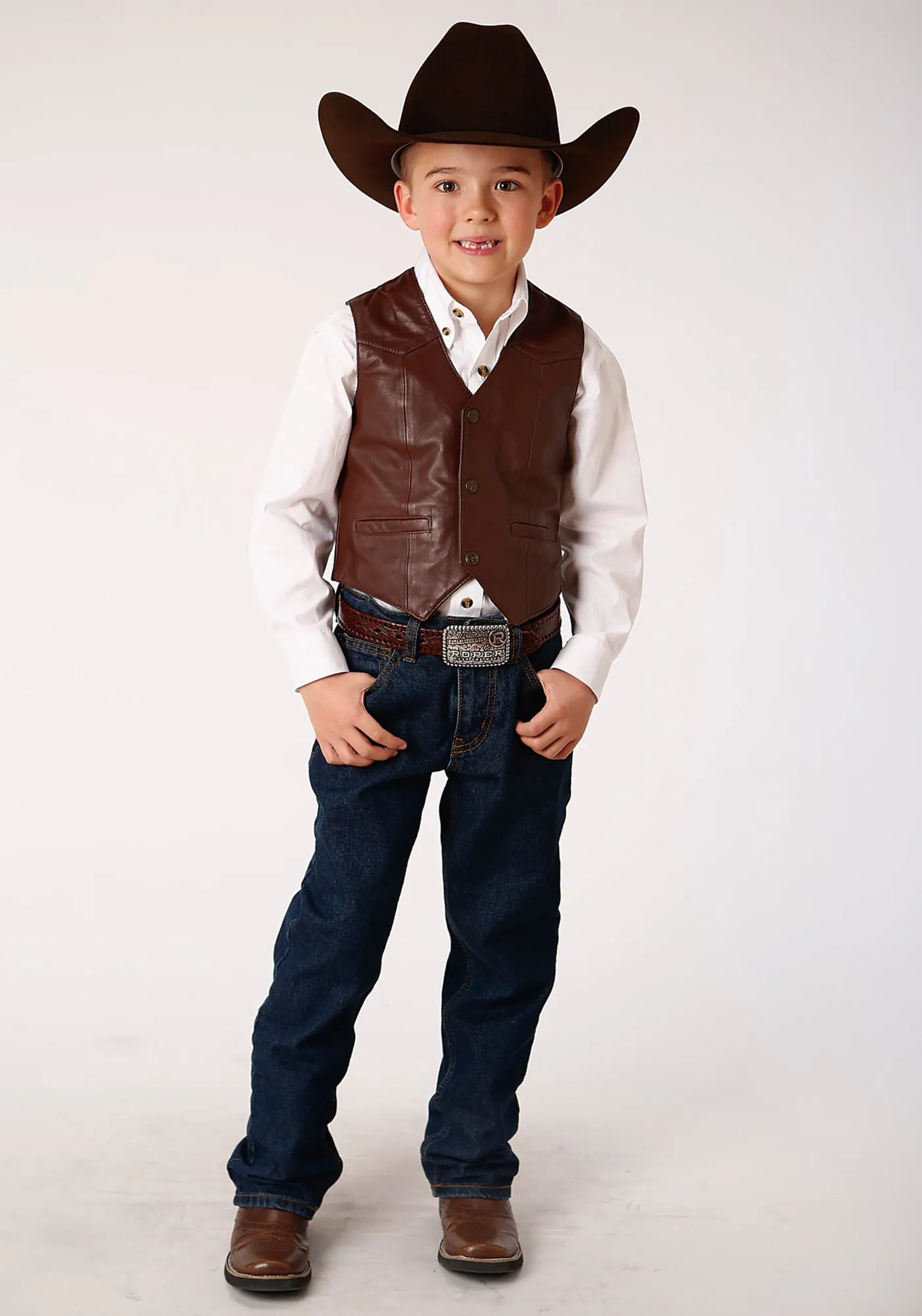 Roper Kids Boys Nappa Yokes Dark Brown Lamb Leather Leather Vest