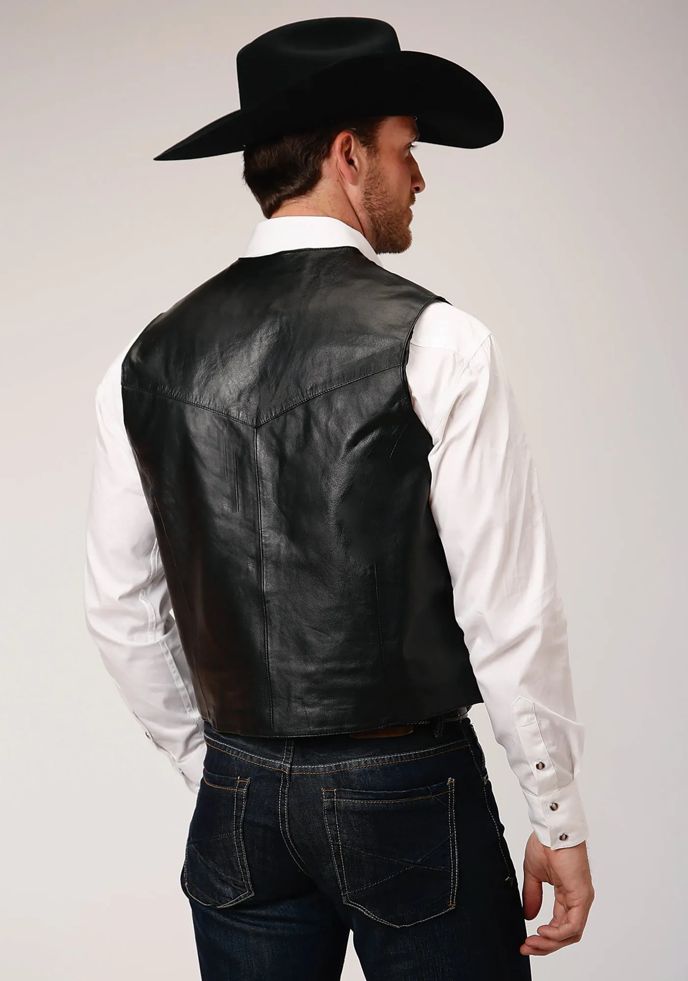 Roper Mens Front Yoke Snaps Black Lamb Leather Leather Vest
