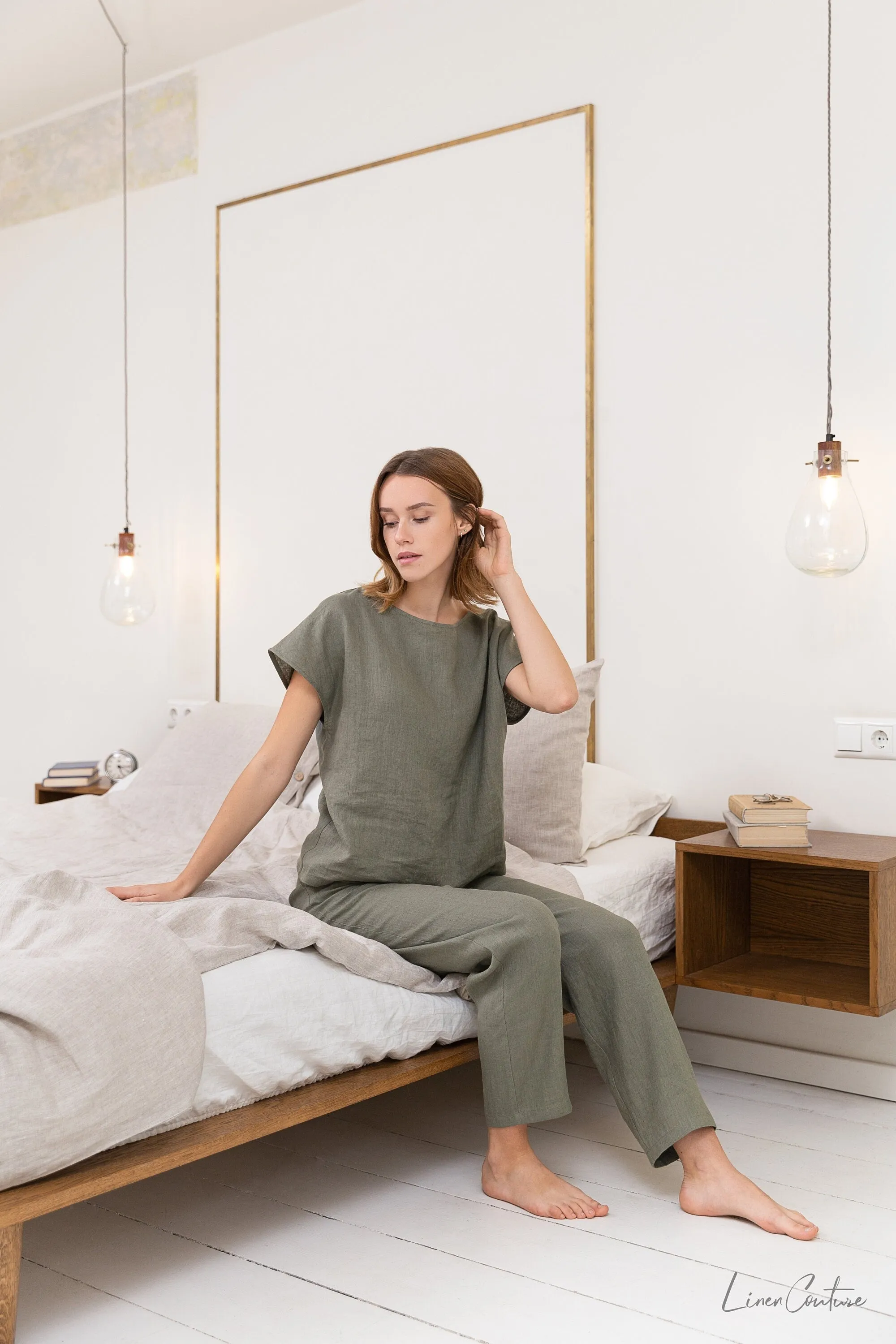 Safari Green 100% European Linen Pajama Set – Naturally Elegant, Effortlessly Relaxed