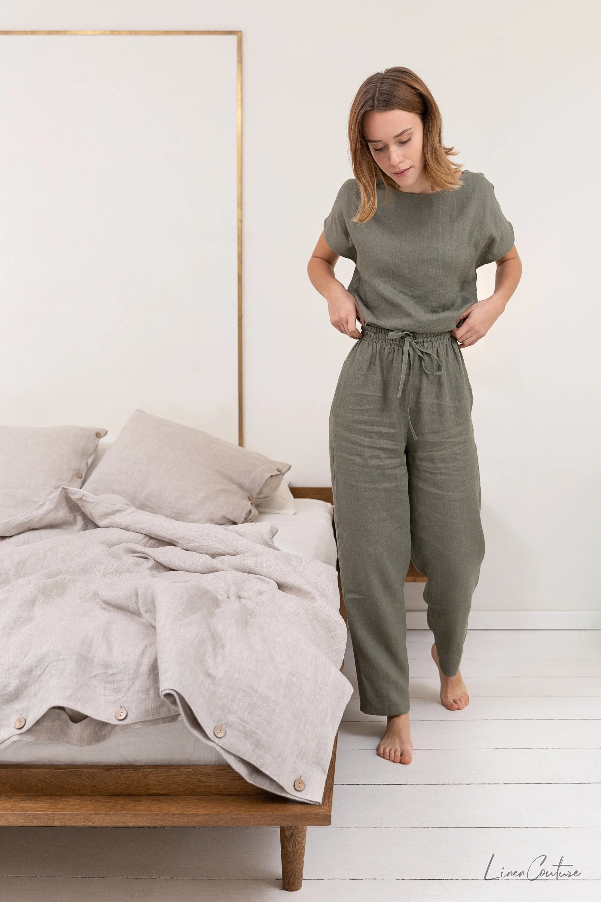 Safari Green 100% European Linen Pajama Set – Naturally Elegant, Effortlessly Relaxed