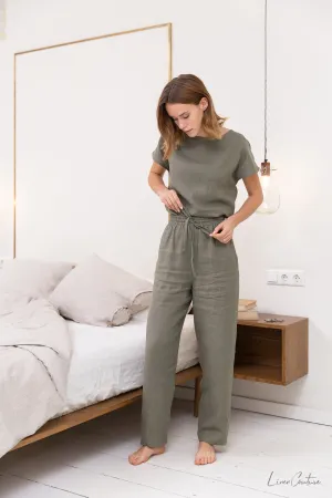 Safari Green 100% European Linen Pajama Set – Naturally Elegant, Effortlessly Relaxed