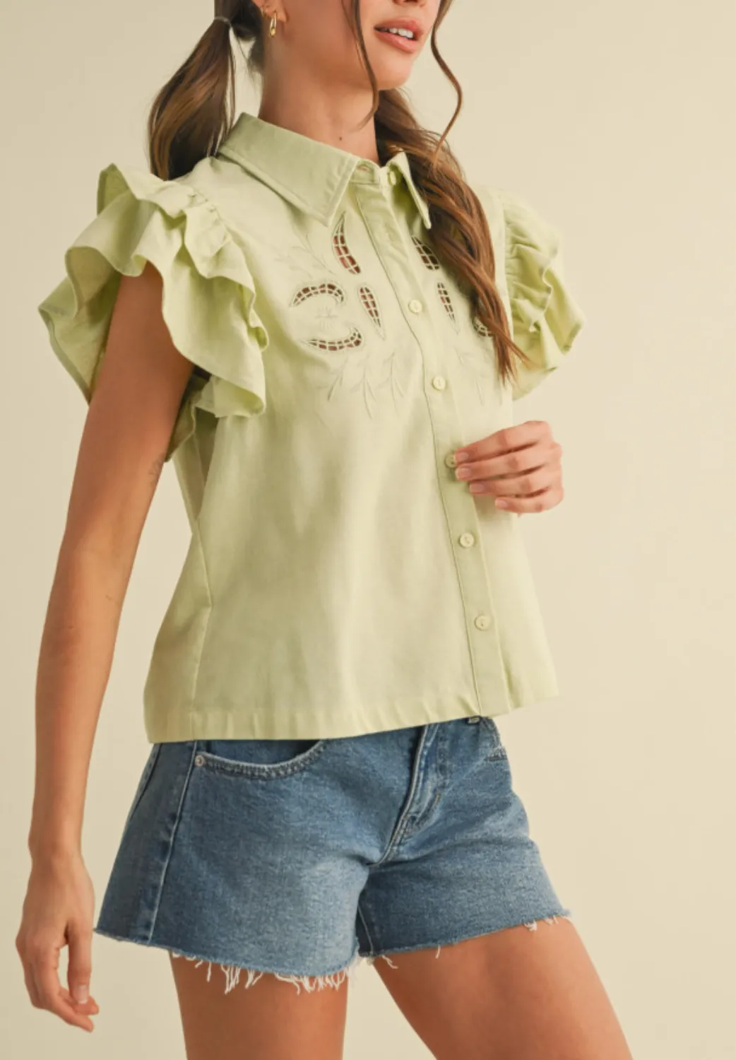 Sara Sage Embroidered Top